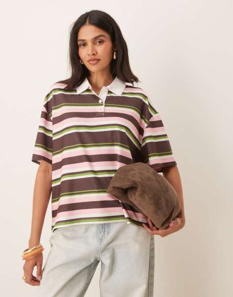 ASOS DESIGN - T-shirt verde e rosa a righe a maniche corte con colletto stile rugby - view 1