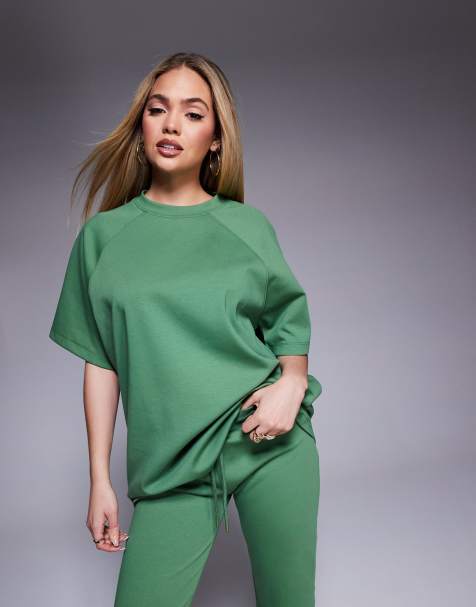 ASOS DESIGN - T-shirt verde in tessuto interlock con maniche raglan in coordinato - view 1