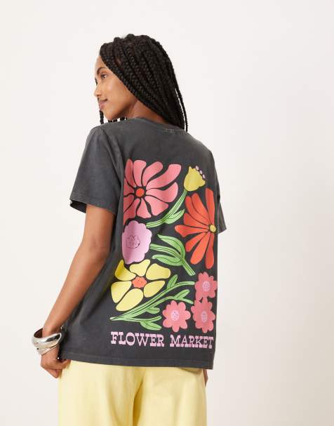 ASOS DESIGN - T-shirt vestibilità classica grigio antracite slavato con grafica artistica "Flower Market" - view 1