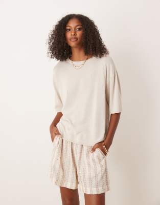 ASOS DESIGN - T-shirt vestibilità comoda in maglia misto lino color pietra - view 1