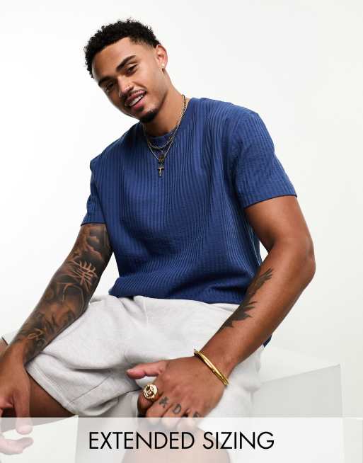 ASOS DESIGN - T-shirt vestibilità comoda in seersucker blu navy
