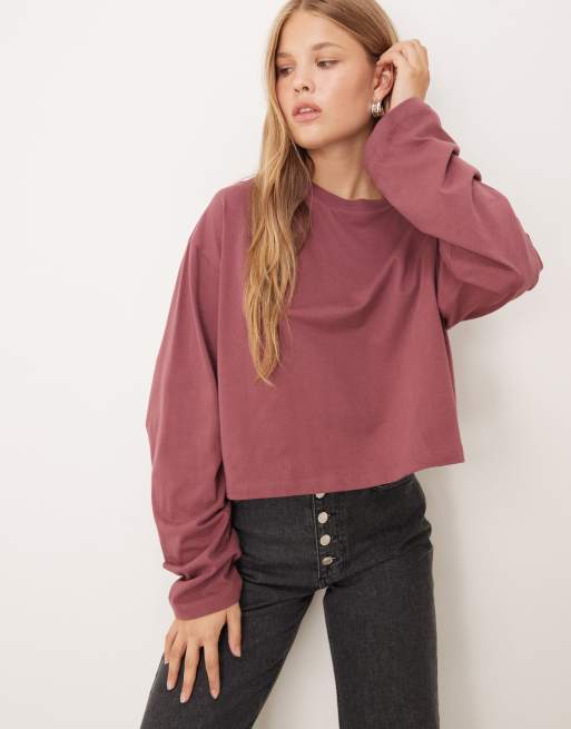 ASOS DESIGN – T-shirt w ciemnym różanym kolorze o krótkim pudełkowym kroju z długimi rękawami