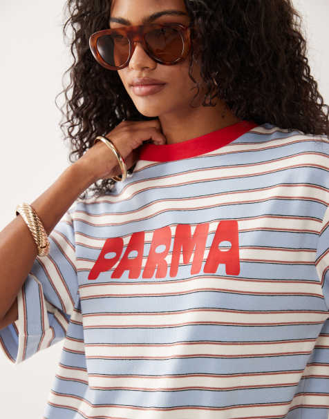 ASOS DESIGN – T-shirt w czerwono-niebieskie paski z napisem „Parma” - view 1