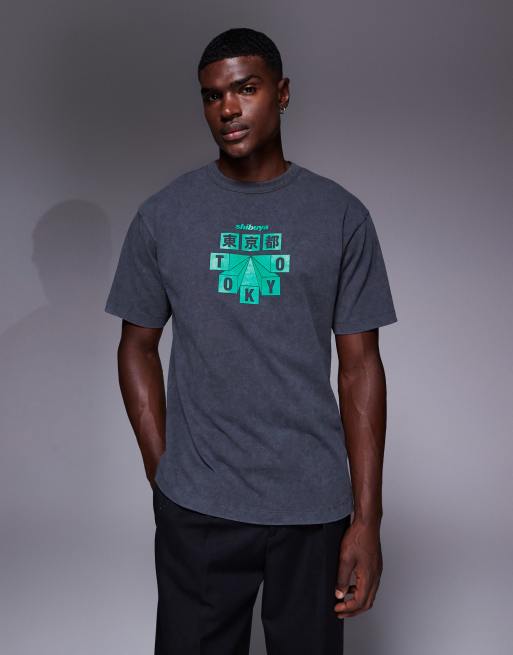 ASOS DESIGN – T-shirt w spranym czarnym kolorze o luźnym kroju z nadrukiem High Build City