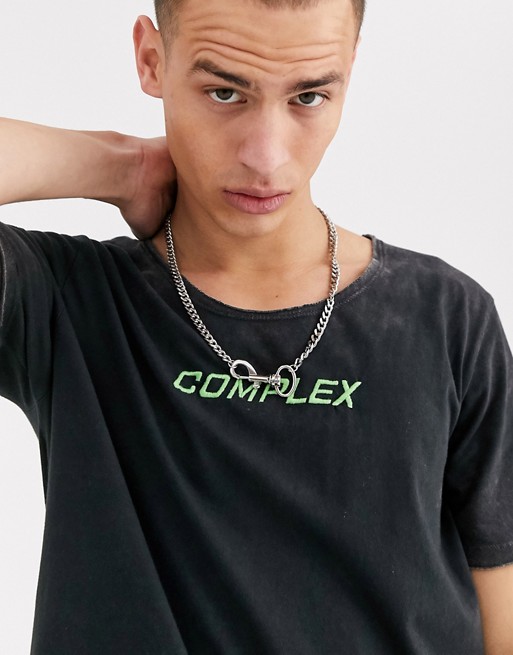 ASOS DESIGN t-shirt with acid wash with scoop neck and neon embroidery