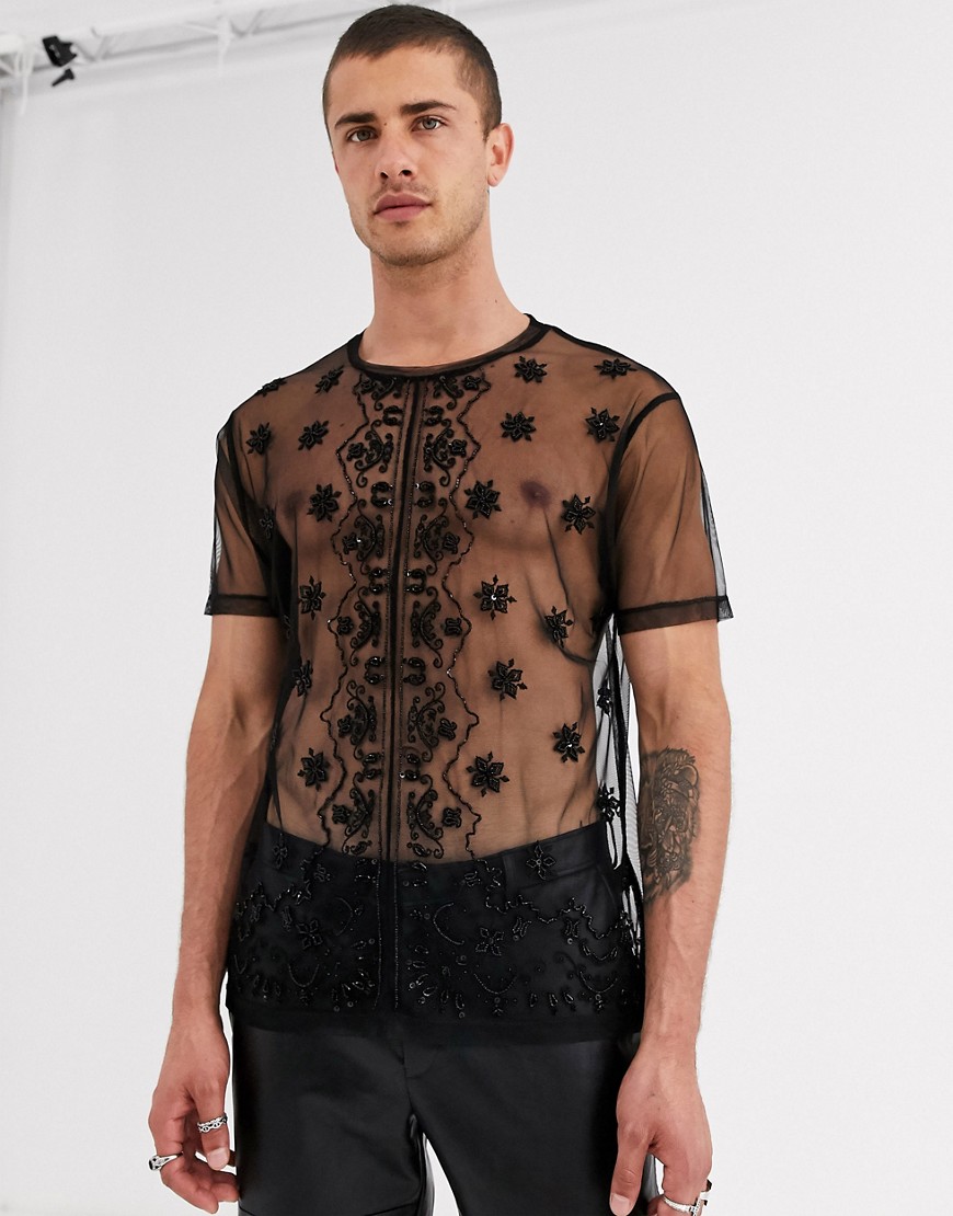 ASOS DESIGN t-shirt with beaded embellishment in black mesh