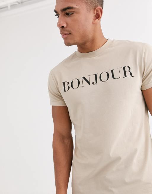 ASOS DESIGN t shirt with bonjour print and roll sleeve