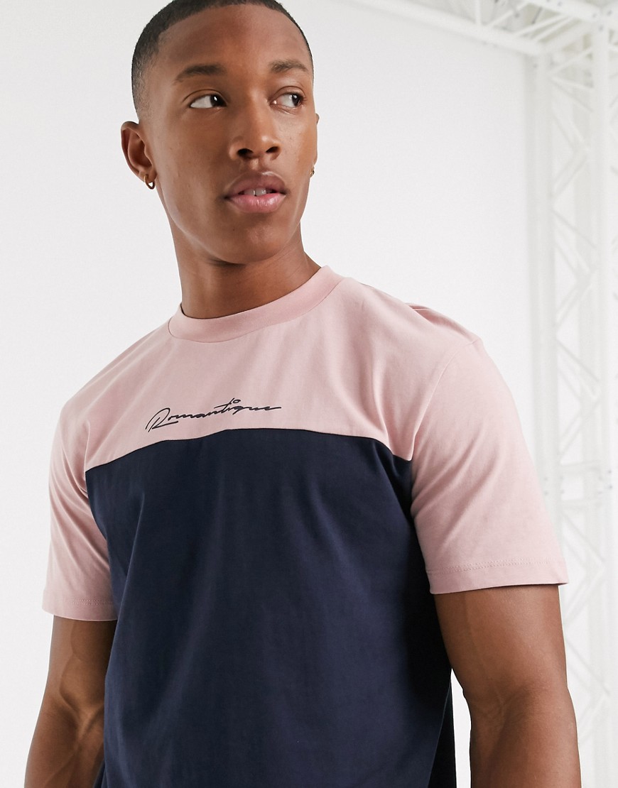 ASOS DESIGN t-shirt with colour block and French text-Navy
