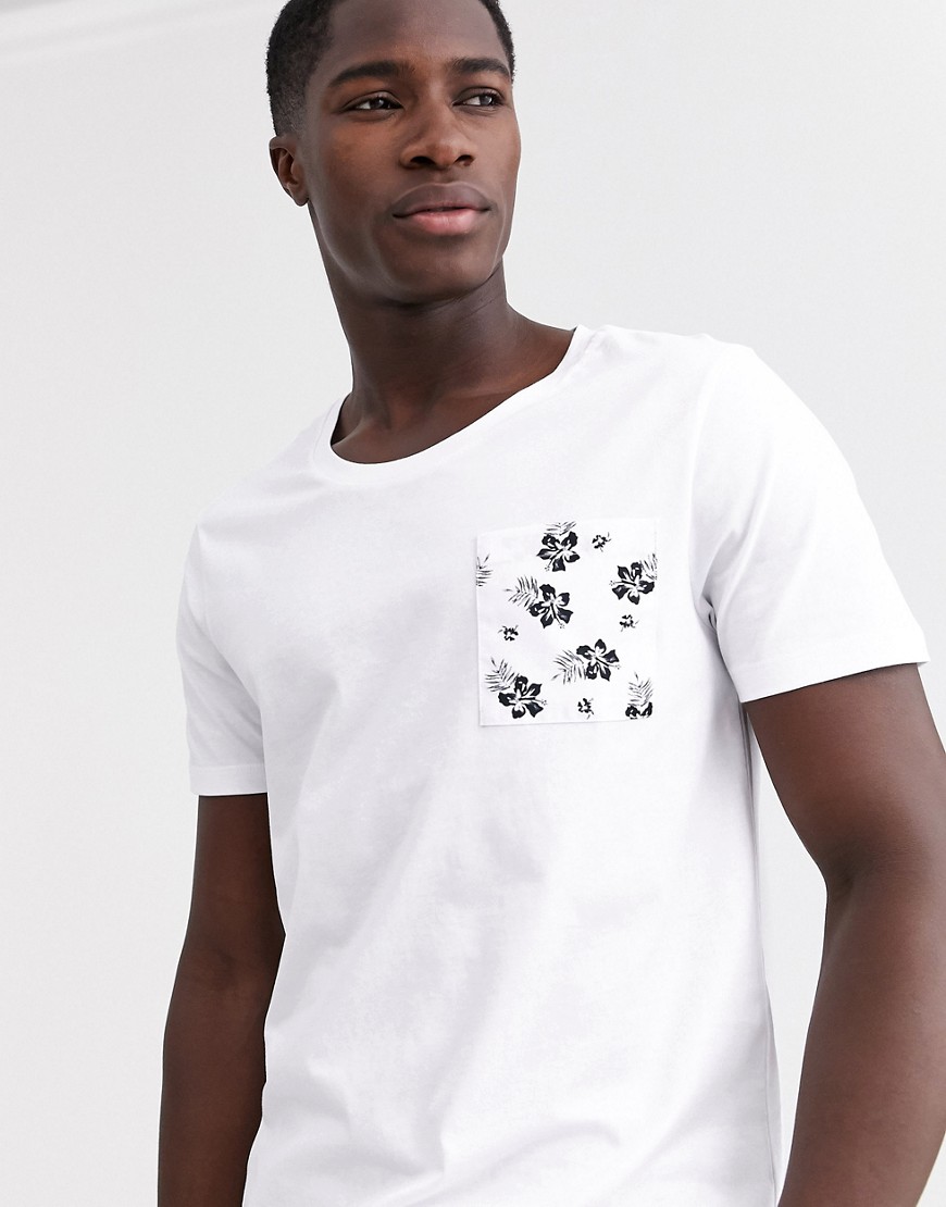 ASOS DESIGN t-shirt with contrast floral pocket and scoop neck-White
