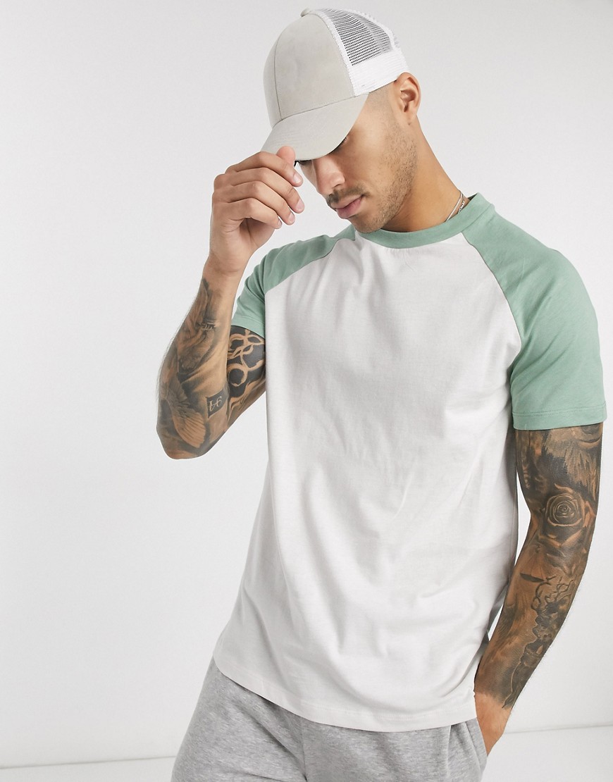 ASOS DESIGN t-shirt with contrast raglan sleeves in green-Multi