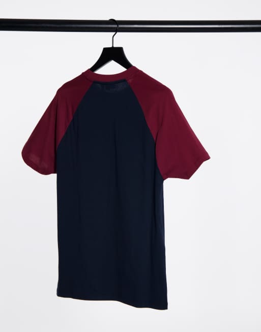 ASOS DESIGN t-shirt with contrast raglan sleeves in navy and burgundy, 2 of 4