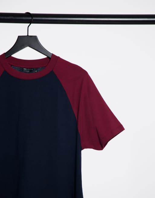 ASOS DESIGN t-shirt with contrast raglan sleeves in navy and burgundy, 3 of 4