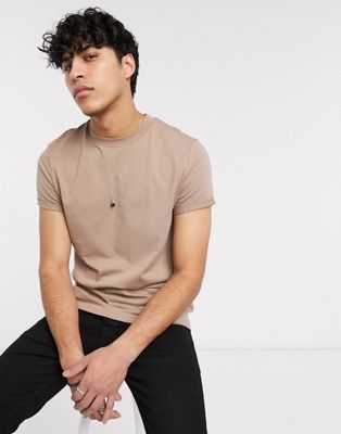 ASOS DESIGN t-shirt with crew neck and roll sleeve in beige