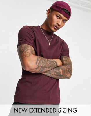 ASOS DESIGN t-shirt with crew neck and roll sleeve in burgundy - ASOS Price Checker