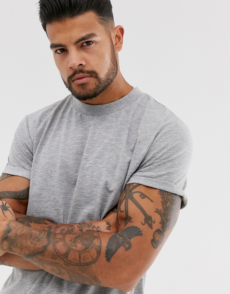 ASOS DESIGN t-shirt with crew neck and roll sleeve in grey marl