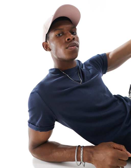 ASOS DESIGN t-shirt with crew neck and roll sleeve in navy 
