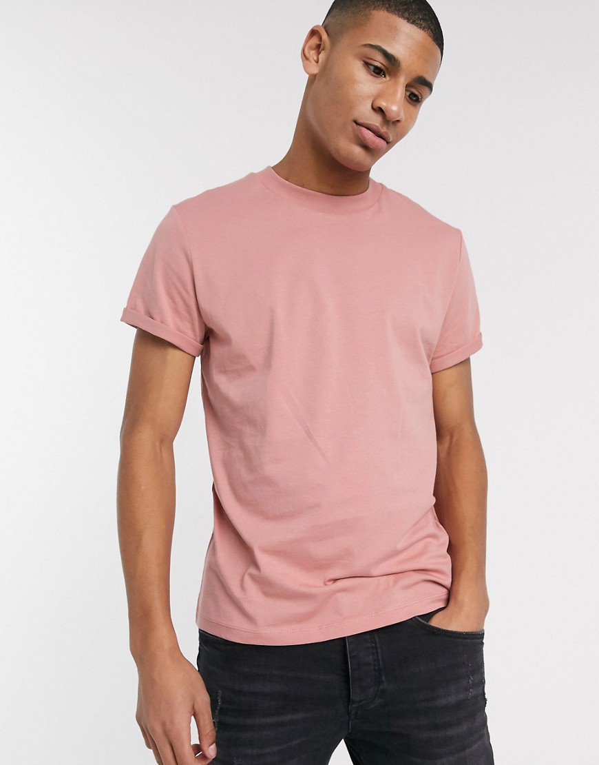 ASOS DESIGN t-shirt with crew neck and roll sleeve in pink