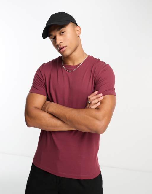 asiatisk lunge omfatte ASOS DESIGN t-shirt with crew neck in burgundy | ASOS