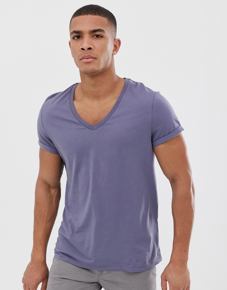 ASOS DESIGN t-shirt with deep v neck and roll sleeve in grey