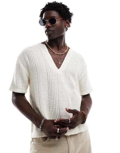 ASOS DESIGN t-shirt with deep v neck in textured beige