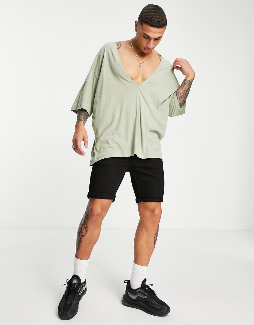 ASOS DESIGN t-shirt with deep v neck in washed green