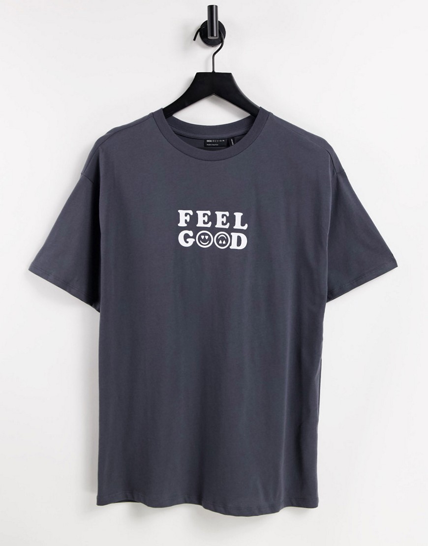 ASOS DESIGN T-shirt with 'Feel Good' print in charcoal-Grey