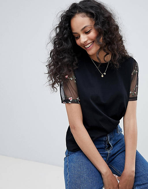 ASOS DESIGN t-shirt with floral embroidered mesh sleeve