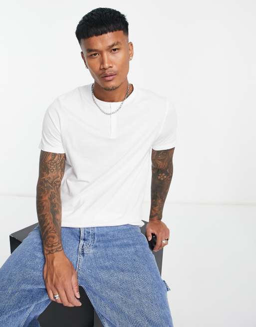 ASOS DESIGN t-shirt with grandad collar in white 