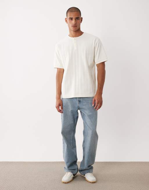 ASOS DESIGN t-shirt with henley neck in cream wide rib, 2 of 5