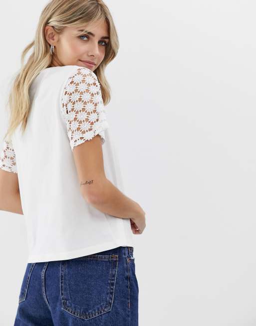 white t shirt with lace sleeves