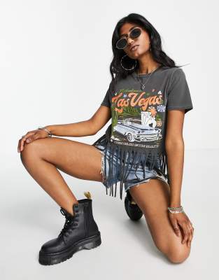 ASOS DESIGN T-SHIRT WITH LAS VEGAS GRAPHIC PRINT AND SHREDDED HEM IN CHARCOAL-GRAY 