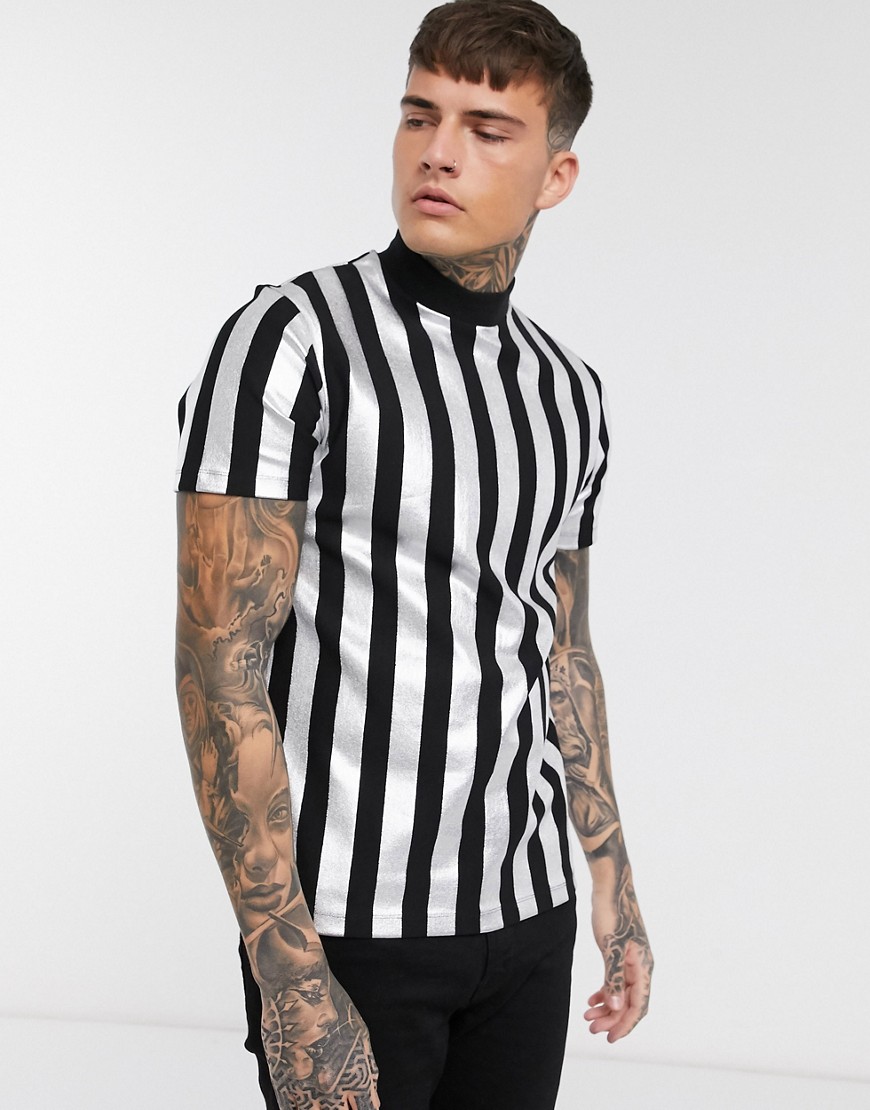 ASOS DESIGN t-shirt with metallic stripe and turtle neck-Black