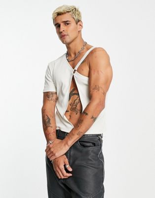 ASOS DESIGN t-shirt with one shoulder and cut out in cream