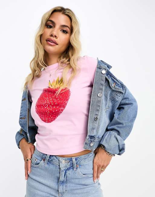 Asos Design T Shirt With Photographic Strawberry In Pink Asos