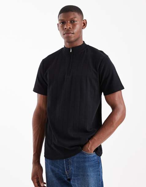 ASOS DESIGN t-shirt with quarter zip high neck in black texture