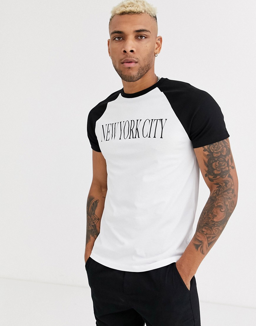 ASOS DESIGN t-shirt with raglan sleeve and city print-White