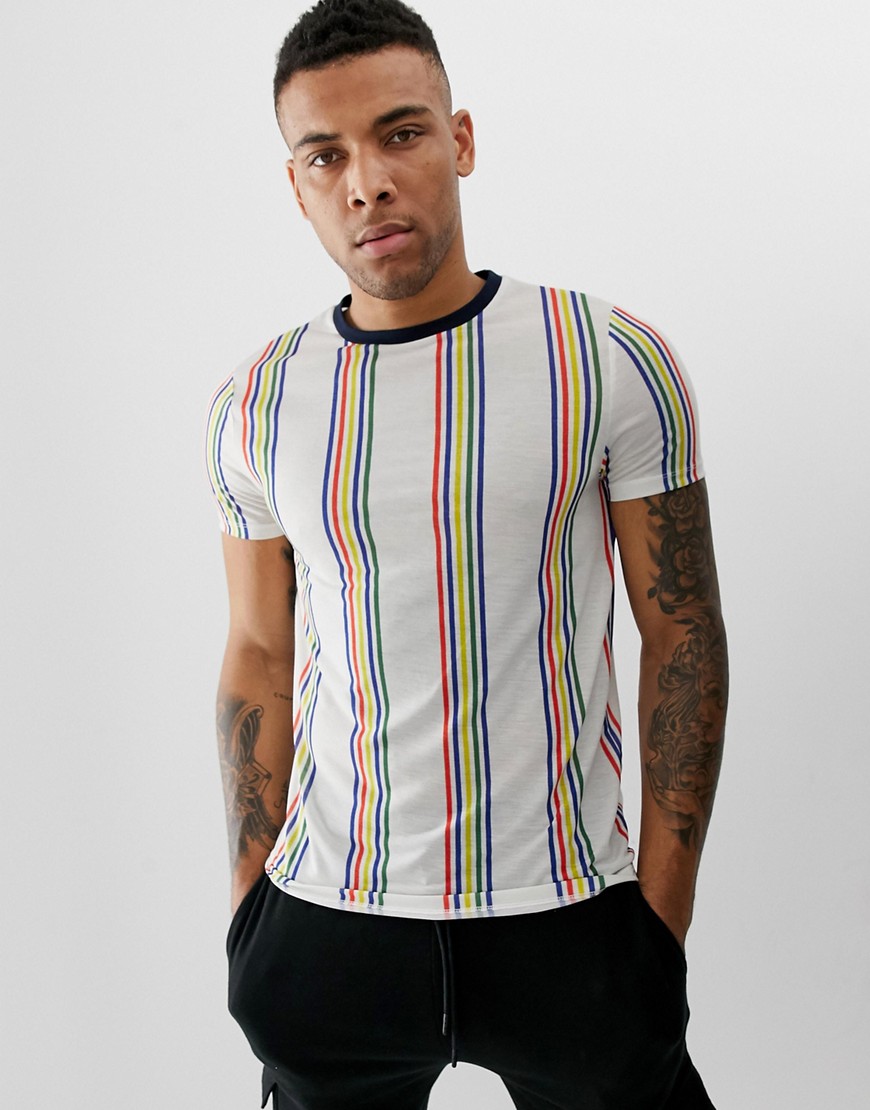 ASOS DESIGN t-shirt with rainbow stripe-White