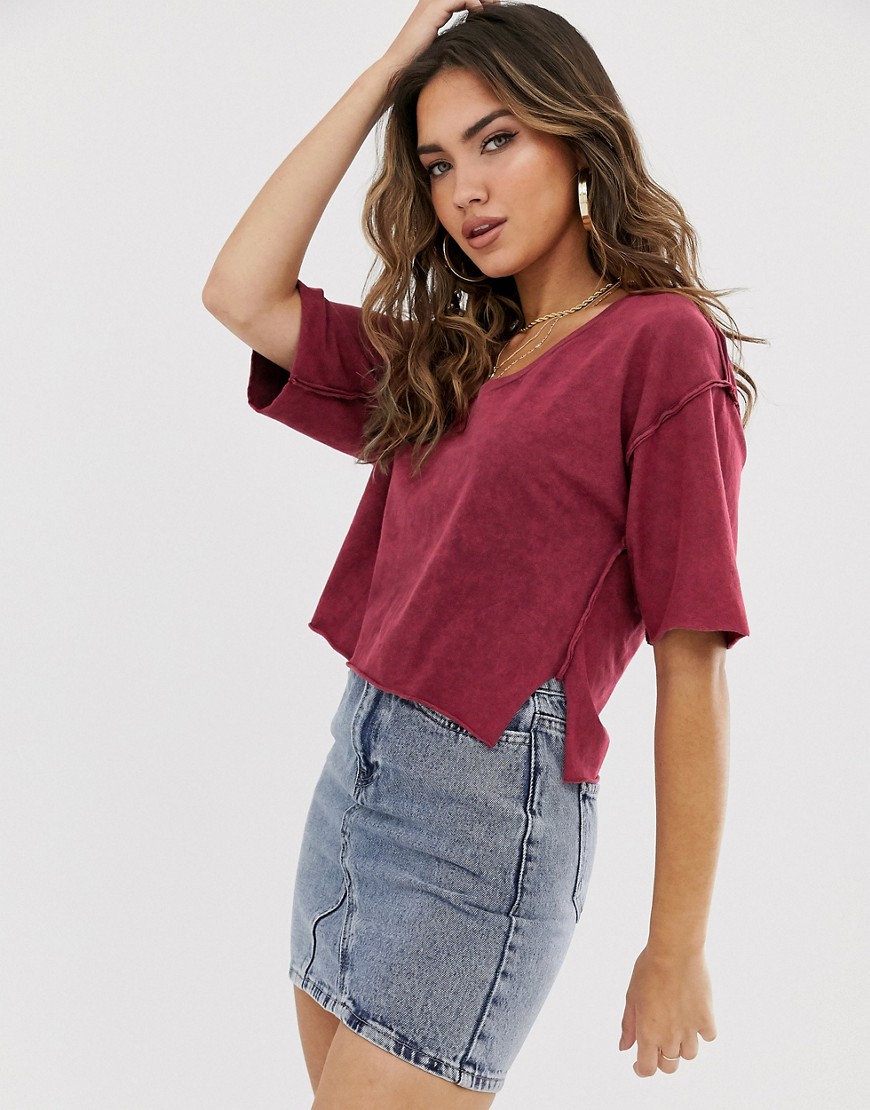 Asos Design T-shirt With Raw Seams And V-neck In Washed Burgundy-red