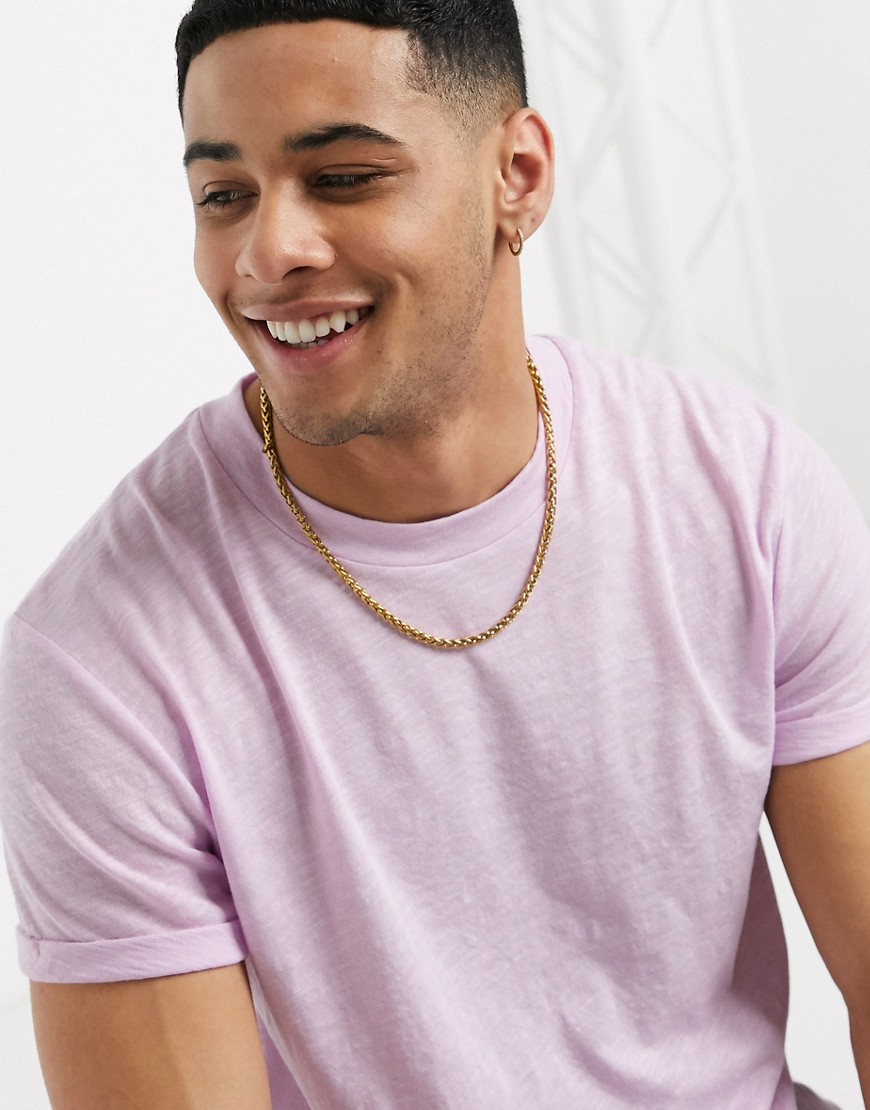 ASOS DESIGN t-shirt with roll sleeve and curved hem in lilac inject fabric-Purple