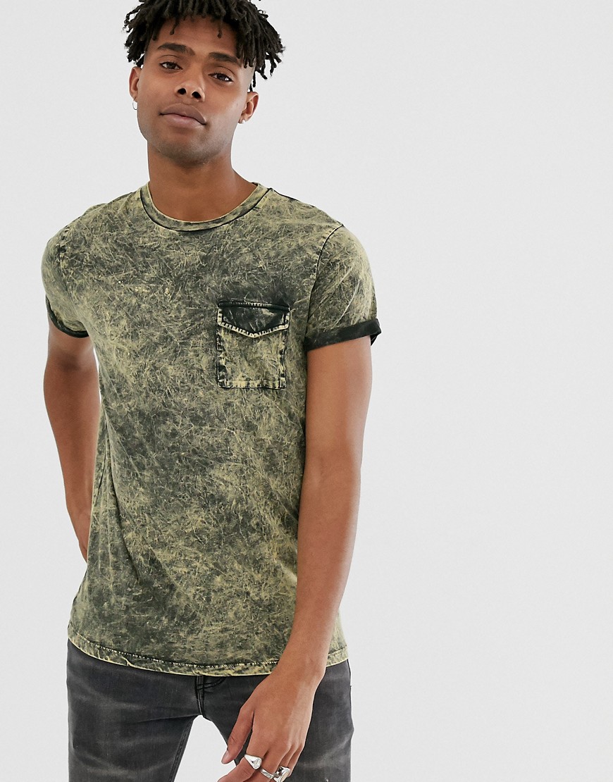 ASOS DESIGN t-shirt with roll sleeve in bleach acid wash-Yellow
