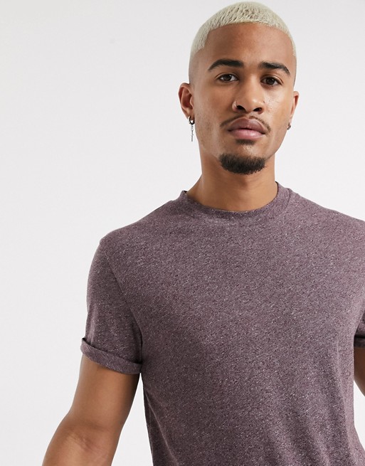 ASOS DESIGN t-shirt with roll sleeve in burgundy inject fabric