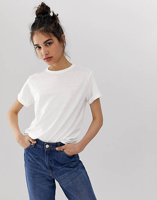 ASOS DESIGN t-shirt with roll sleeve in linen mix in white