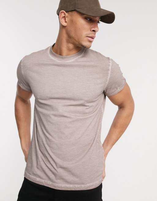 ASOS DESIGN t-shirt with roll sleeve in pigment wash in beige | ASOS
