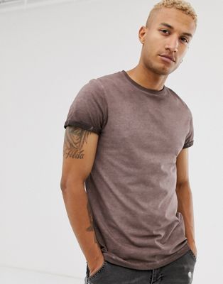 ASOS DESIGN t-shirt with roll sleeve in pigment wash in brown | ASOS