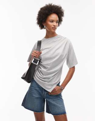 Asos Design T-shirt With Ruched Asymmetric Hem In Gray