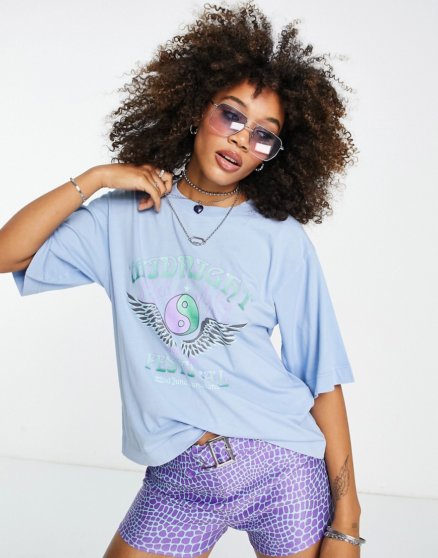 Asos Design Curve T-shirt With Seam Detail With Festival Poster Graphic Print In Washed Blue