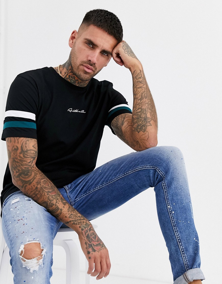 ASOS DESIGN t-shirt with sleeve colour block and authentic text print-Black