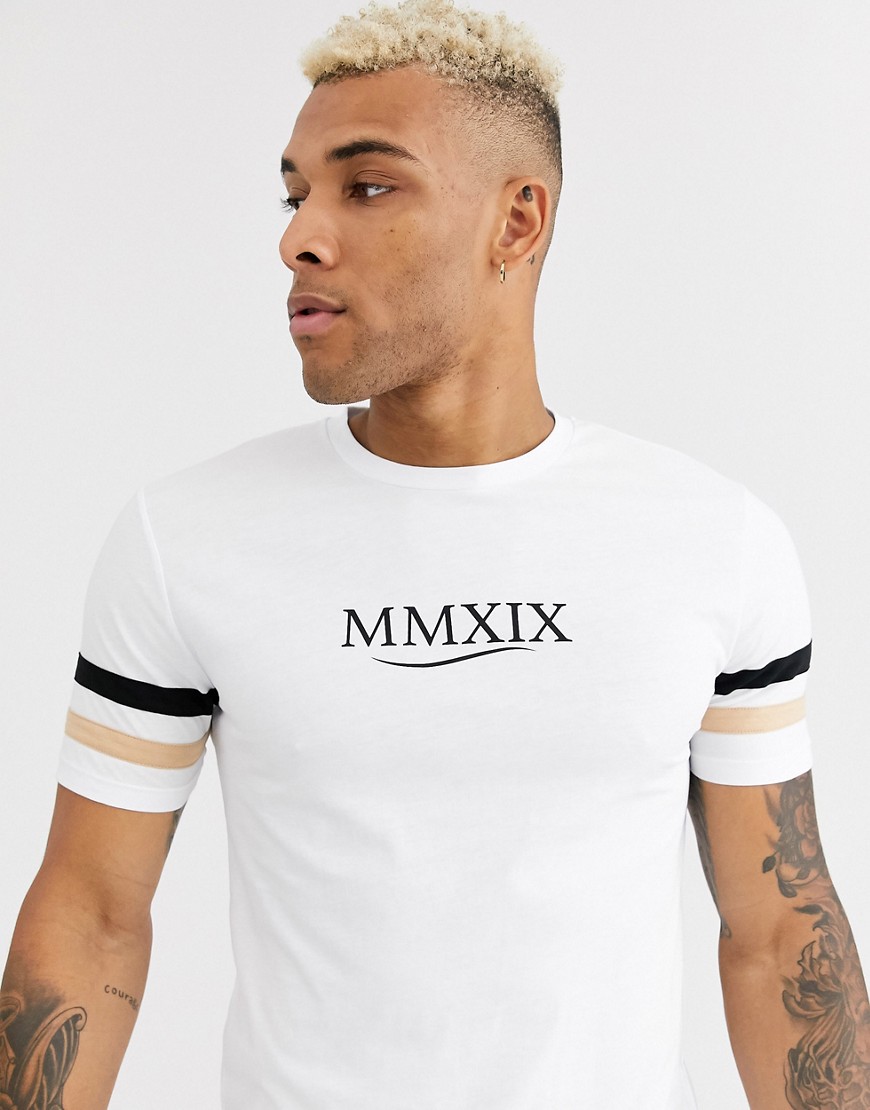 ASOS DESIGN t-shirt with sleeve stripe and roman numeral print-White