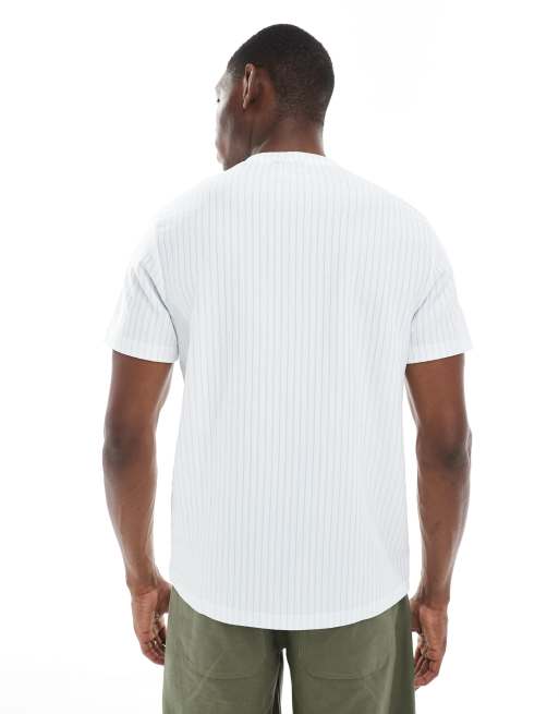 ASOS DESIGN T-shirt with studio embroidery in textured blue and off white stripe
