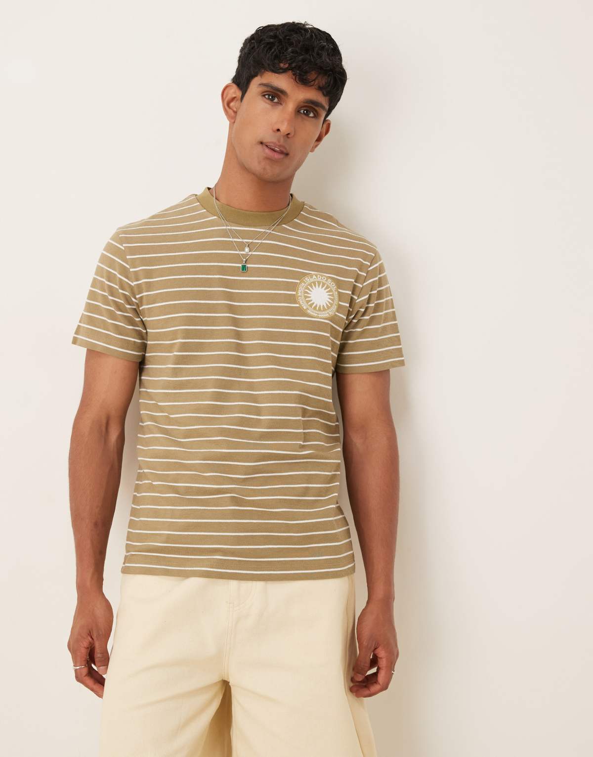 ASOS DESIGN t-shirt with sun chest graphic in khaki stripe